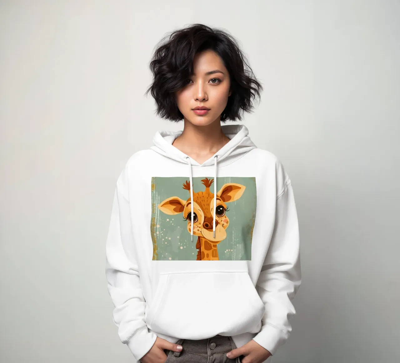 Un'amichevole giraffa con grandi occhi sorride in un semplice sfondo felpa con cappuccio da DesignDoodle