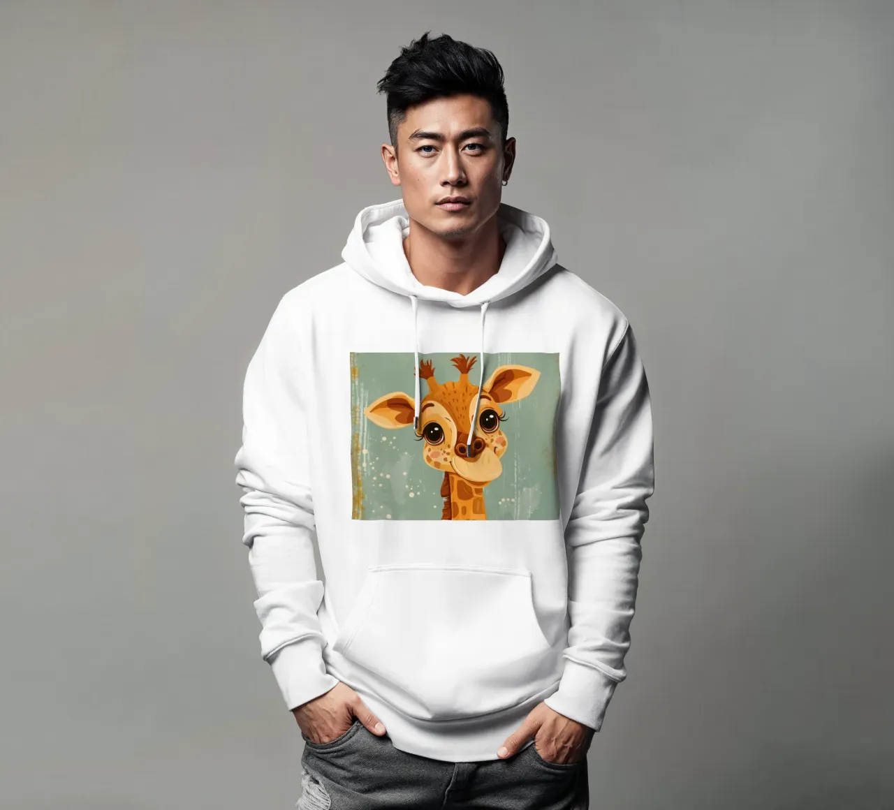 Un'amichevole giraffa con grandi occhi sorride in un semplice sfondo felpa con cappuccio da DesignDoodle