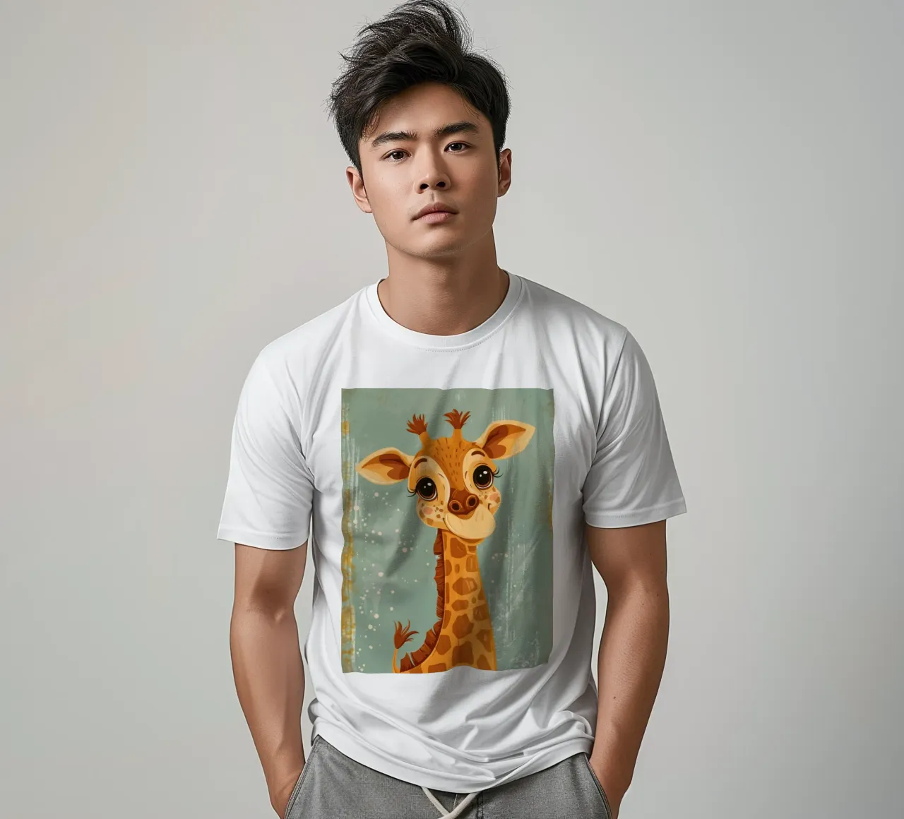 Un'amichevole giraffa con grandi occhi sorride in un semplice sfondo t-shirt da DesignDoodle