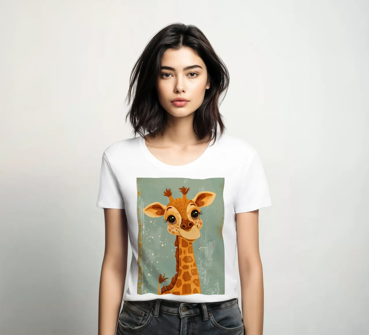 Un'amichevole giraffa con grandi occhi sorride in un semplice sfondo t-shirt da donna da DesignDoodle