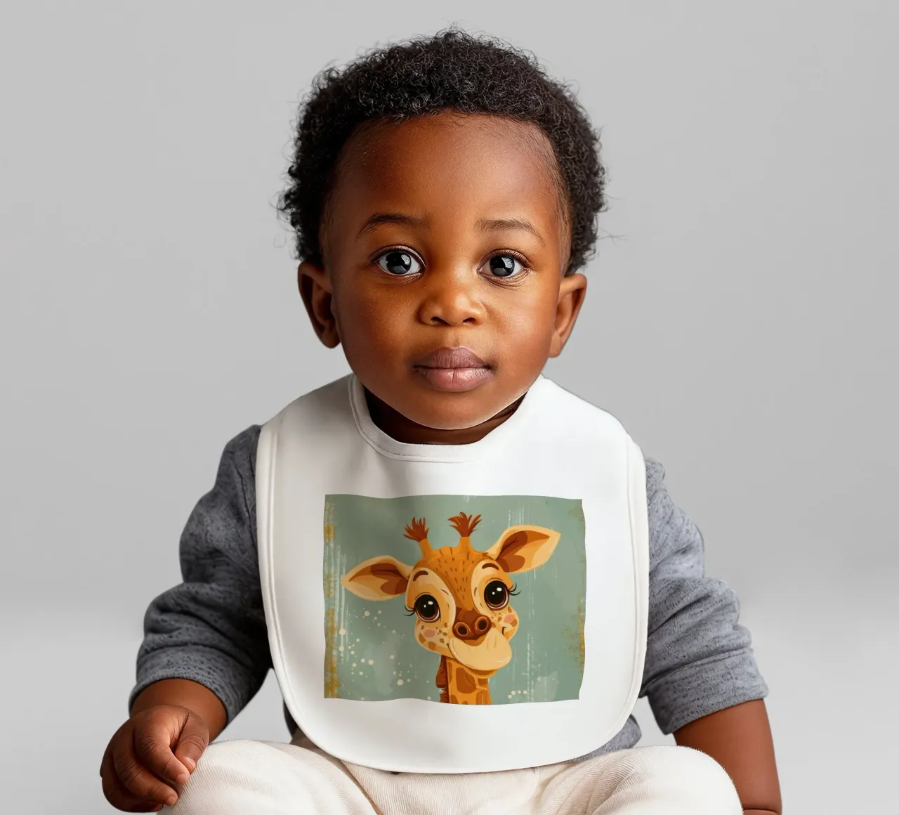 Un'amichevole giraffa con grandi occhi sorride in un semplice sfondo bavaglino da DesignDoodle