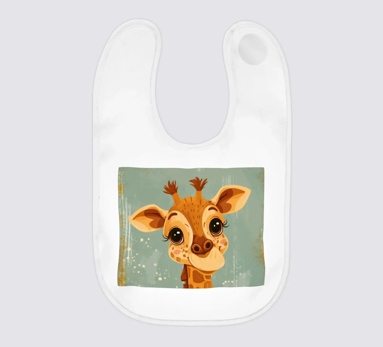 Un'amichevole giraffa con grandi occhi sorride in un semplice sfondo bavaglino da DesignDoodle