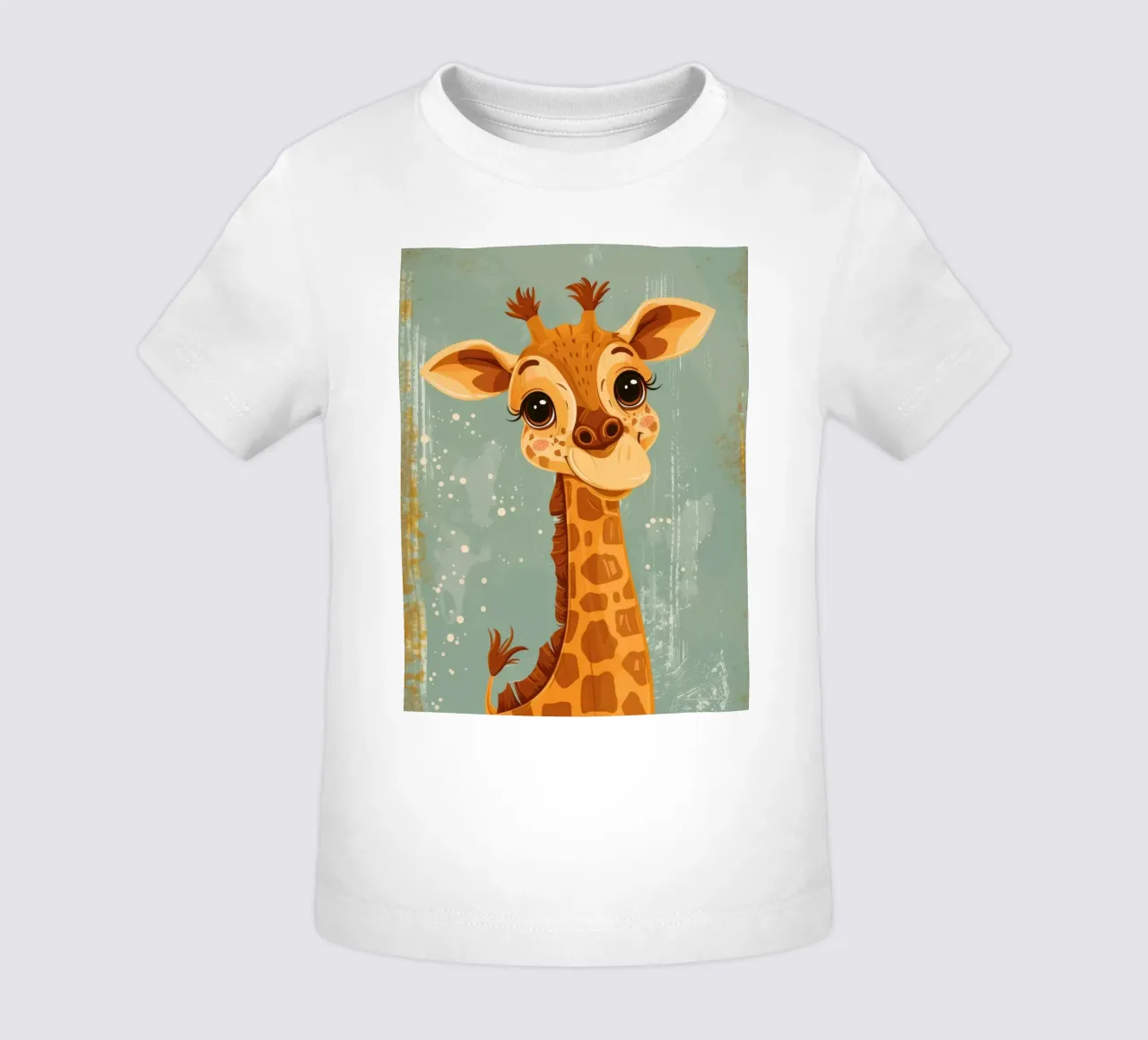 Un'amichevole giraffa con grandi occhi sorride in un semplice sfondo maglietta neonato da DesignDoodle
