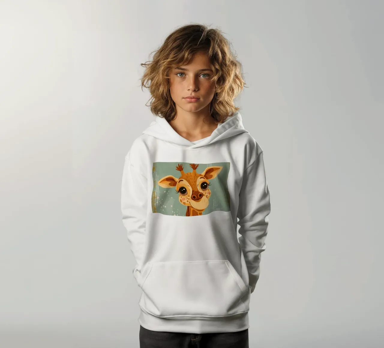 Un'amichevole giraffa con grandi occhi sorride in un semplice sfondo felpa bambino con cappuccio da DesignDoodle