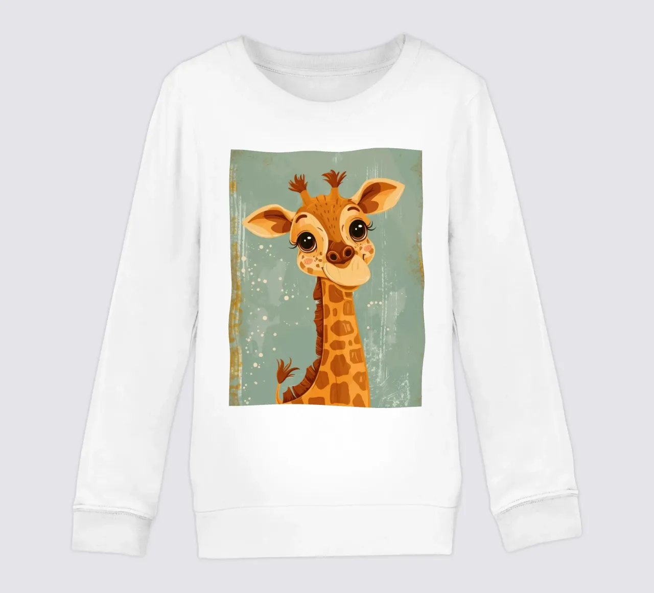 Un'amichevole giraffa con grandi occhi sorride in un semplice sfondo felpa bambino da DesignDoodle