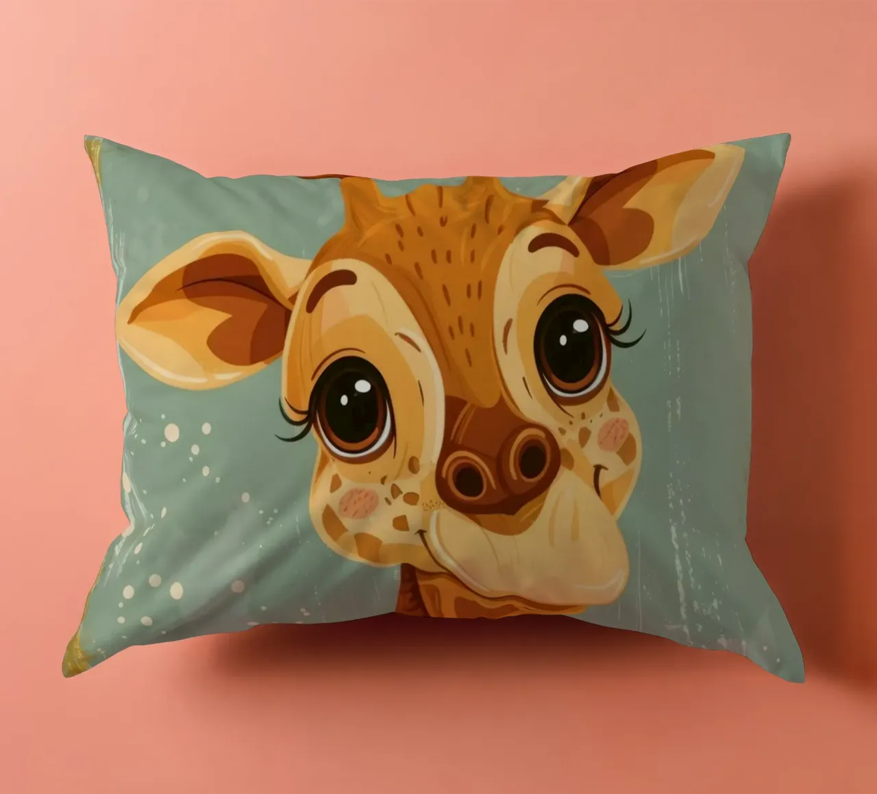 Un'amichevole giraffa con grandi occhi sorride in un semplice sfondo cuscino da DesignDoodle