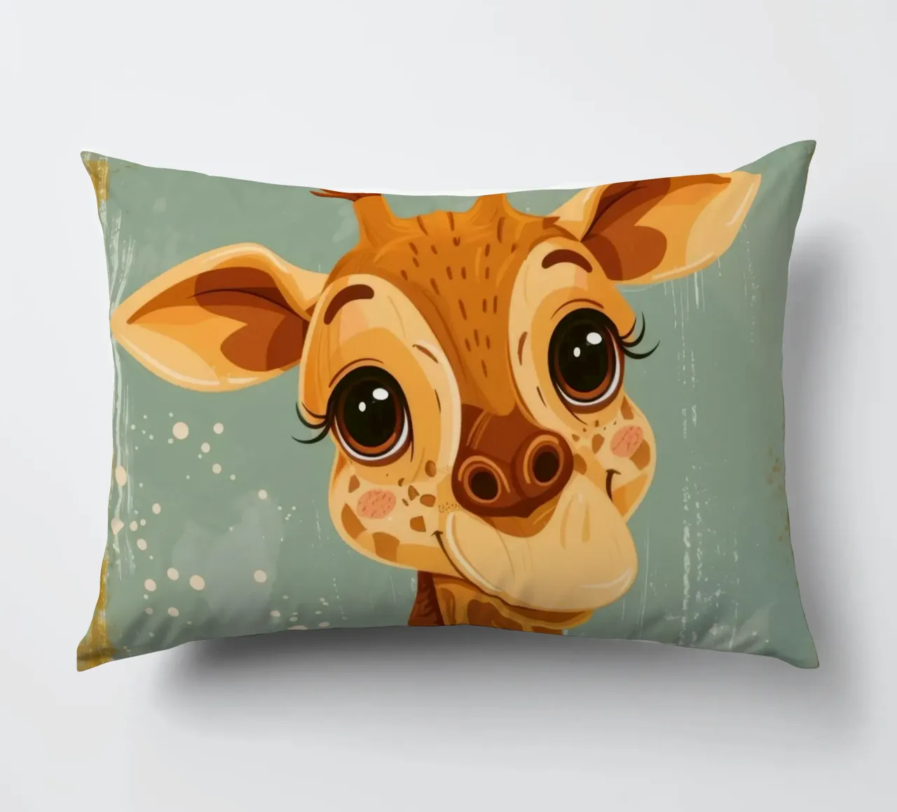Un'amichevole giraffa con grandi occhi sorride in un semplice sfondo cuscino da DesignDoodle