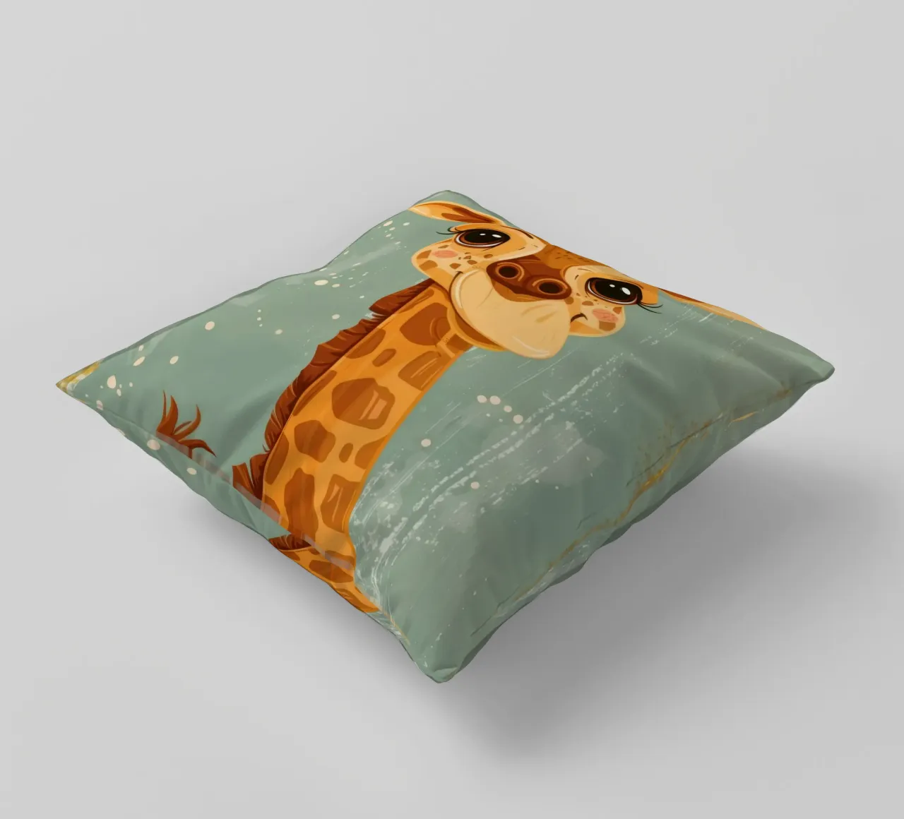 Un'amichevole giraffa con grandi occhi sorride in un semplice sfondo cuscino da DesignDoodle