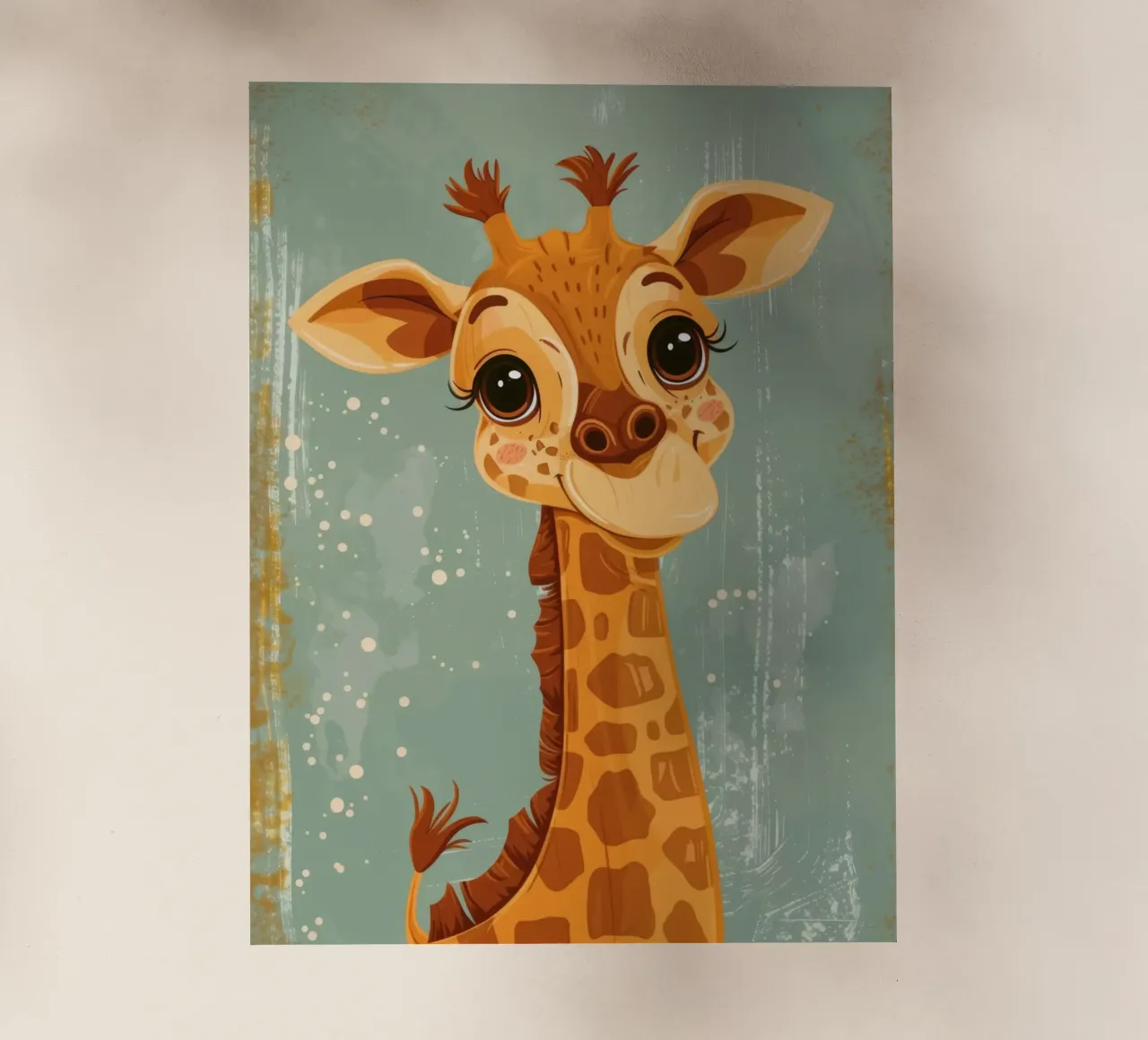Un'amichevole giraffa con grandi occhi sorride in un semplice sfondo pellicola backlit da DesignDoodle