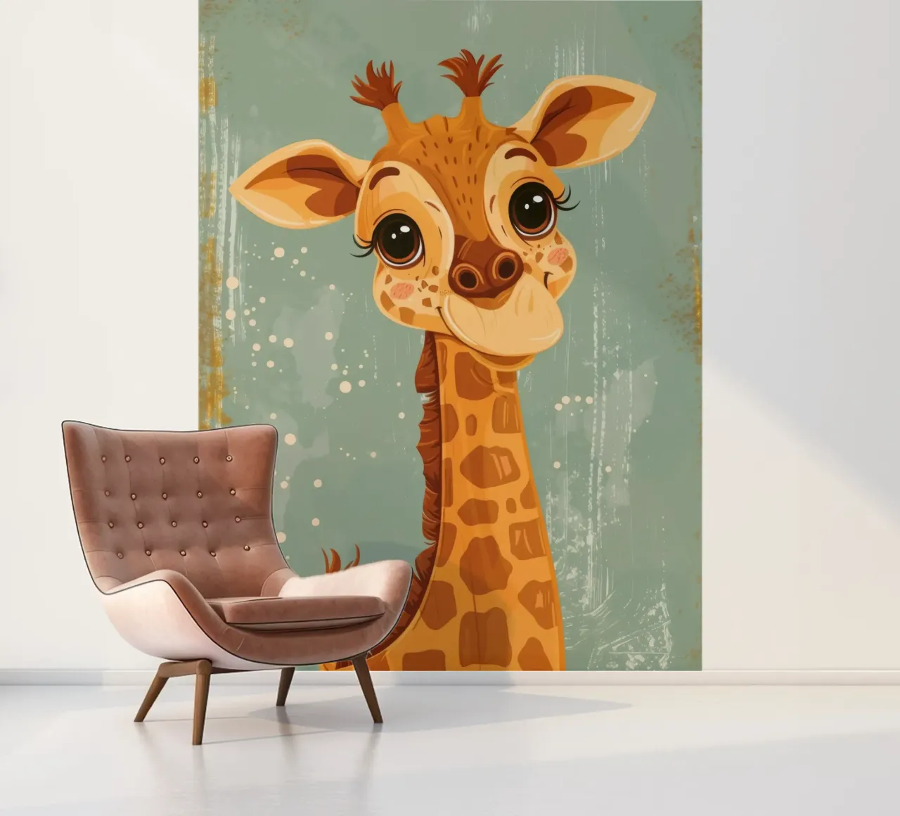 Freundliche Giraffe mit großen Augen lächelt in einer einfachen Kulisse Fototapete von DesignDoodle