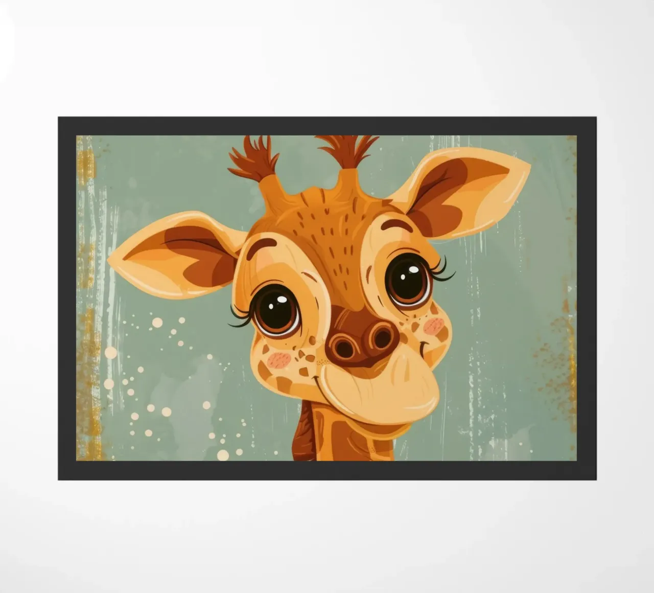 Un'amichevole giraffa con grandi occhi sorride in un semplice sfondo zerbino da DesignDoodle