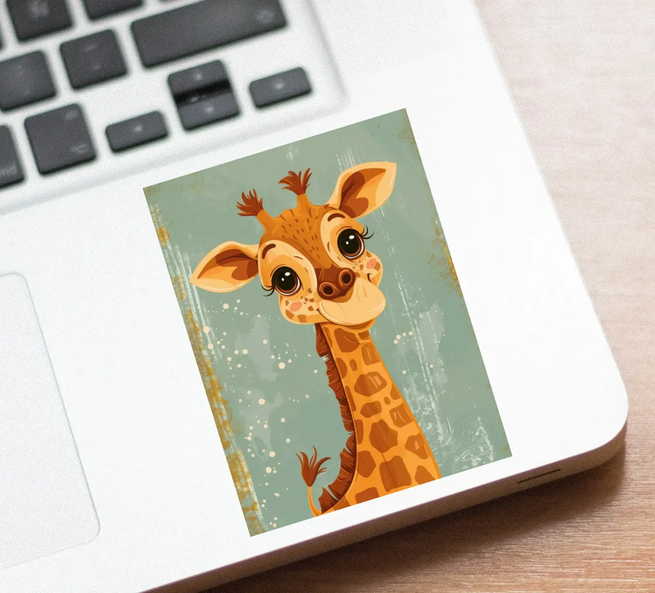 Un'amichevole giraffa con grandi occhi sorride in un semplice sfondo adesivo da DesignDoodle