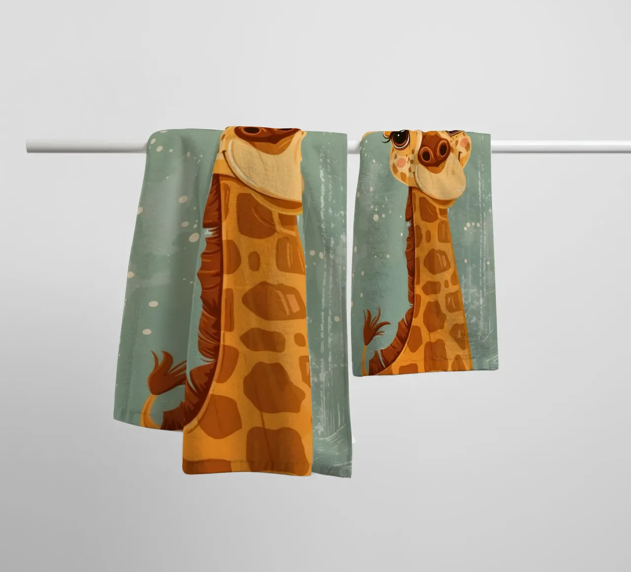 Un'amichevole giraffa con grandi occhi sorride in un semplice sfondo asciugamano da bagno da DesignDoodle