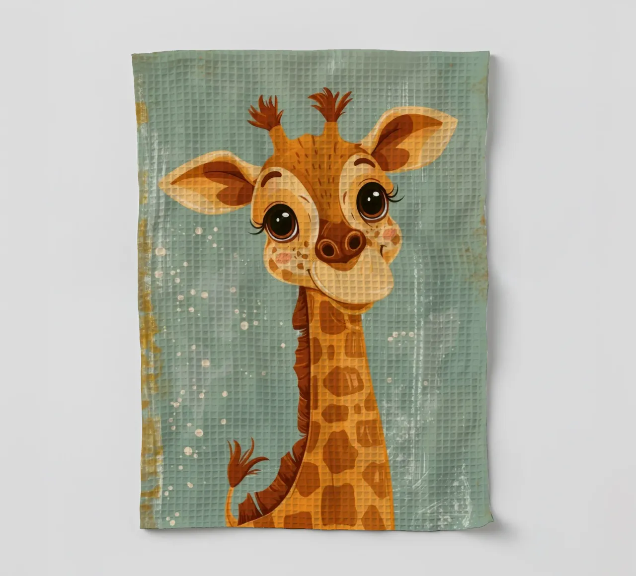 Un'amichevole giraffa con grandi occhi sorride in un semplice sfondo canovaccio da cucina da DesignDoodle