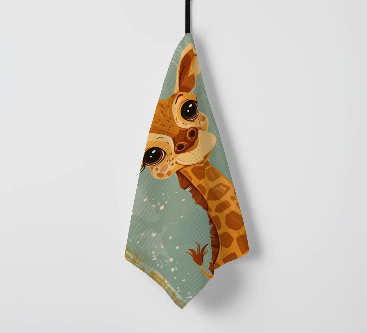 Un'amichevole giraffa con grandi occhi sorride in un semplice sfondo canovaccio da cucina da DesignDoodle
