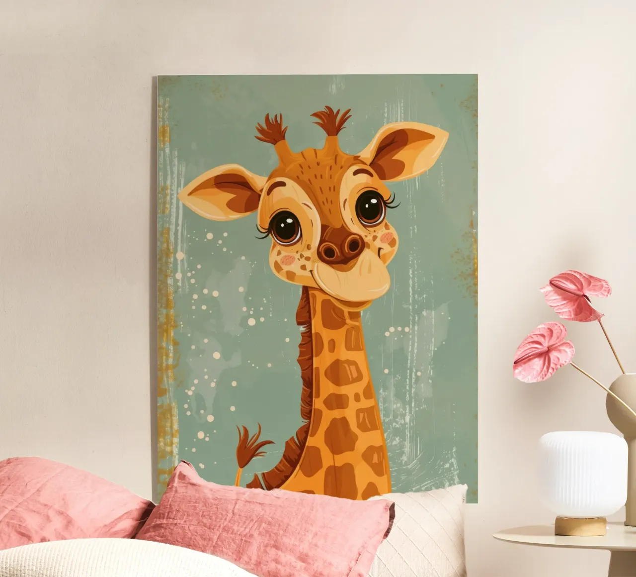Un'amichevole giraffa con grandi occhi sorride in un semplice sfondo plexiglass da DesignDoodle