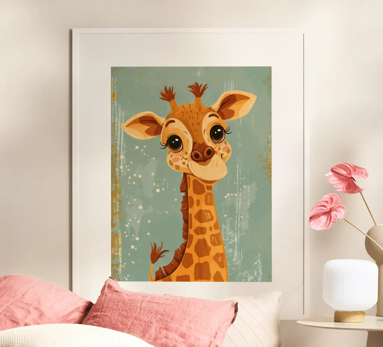 Freundliche Giraffe mit großen Augen lächelt in einer einfachen Kulisse Poster von DesignDoodle