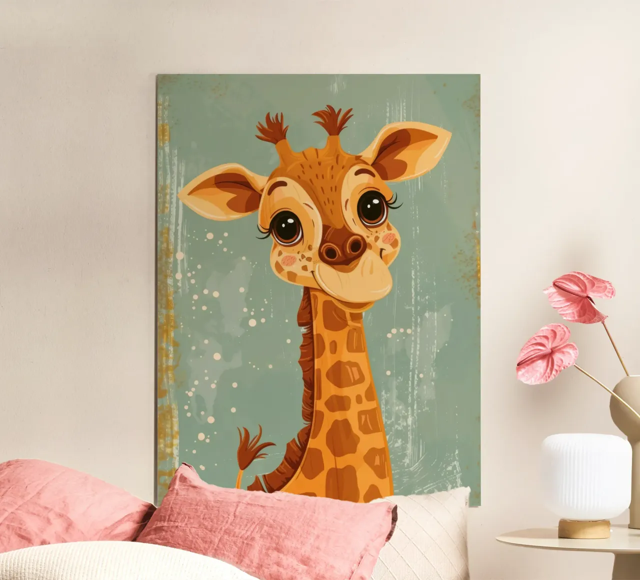 Freundliche Giraffe mit großen Augen lächelt in einer einfachen Kulisse Poster von DesignDoodle