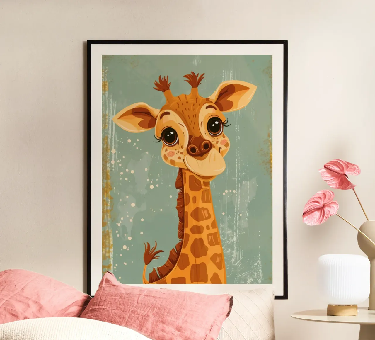 Freundliche Giraffe mit großen Augen lächelt in einer einfachen Kulisse Poster von DesignDoodle