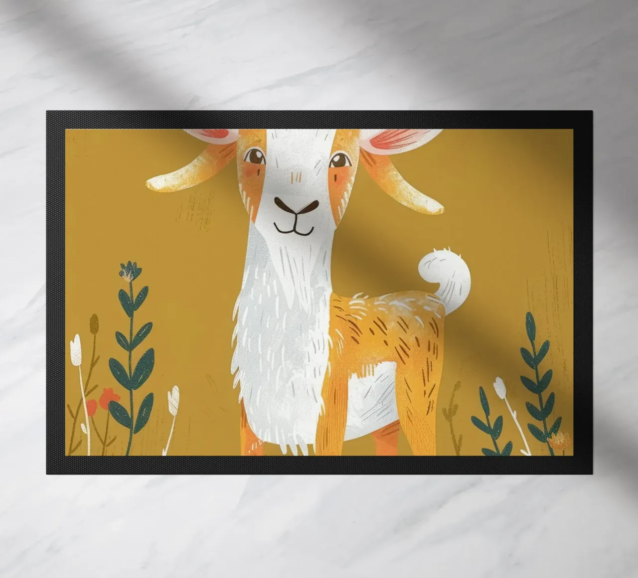 La capra si trova in mezzo all'erba alta in un ambiente decorativo di terra. zerbino da DesignDoodle