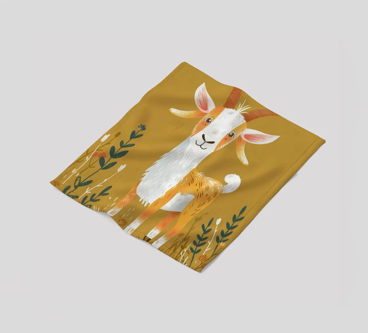 La capra si trova in mezzo all'erba alta in un ambiente decorativo di terra. coperta in pile da DesignDoodle