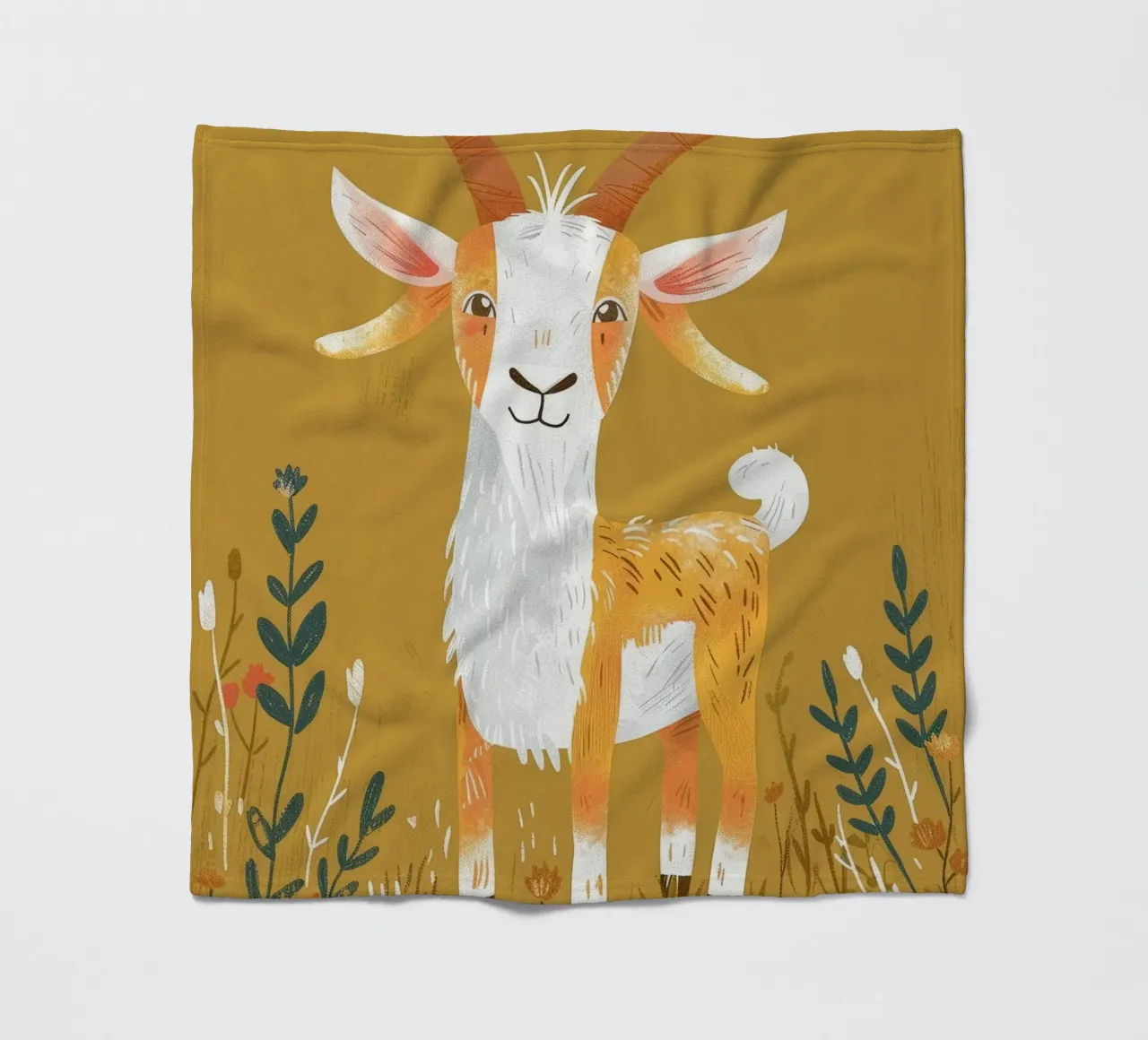 La capra si trova in mezzo all'erba alta in un ambiente decorativo di terra. coperta in pile da DesignDoodle