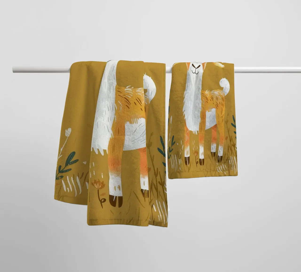Ziege steht inmitten von hohem Gras in einer dekorativen, erdigen Umgebung Handtuch von DesignDoodle