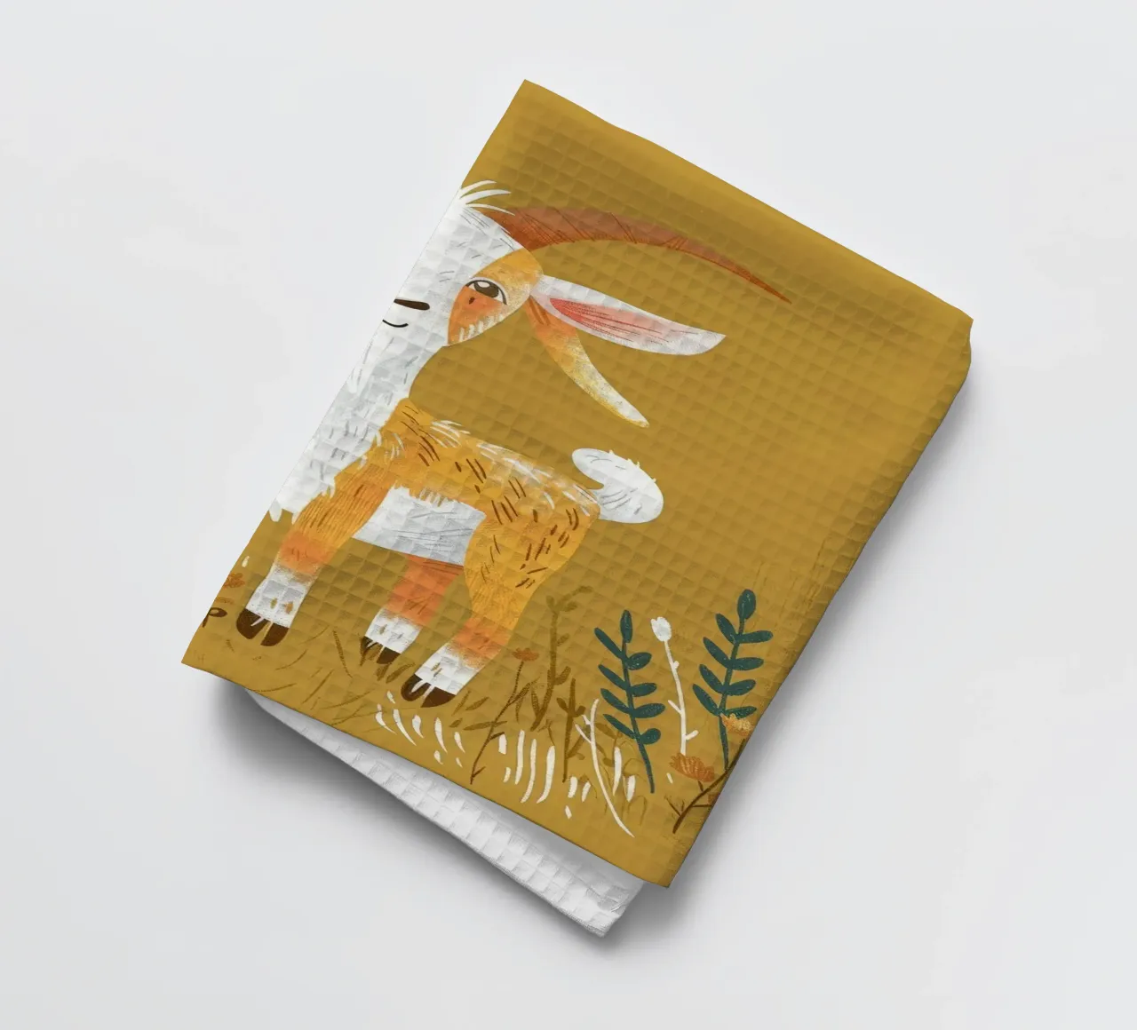 La capra si trova in mezzo all'erba alta in un ambiente decorativo di terra. canovaccio da cucina da DesignDoodle