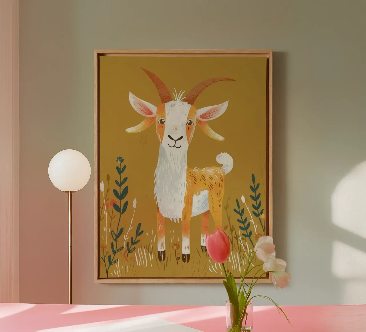 Goat stands amidst tall grass in a decorative earthy setting canvas with Floater frame by DesignDoodle