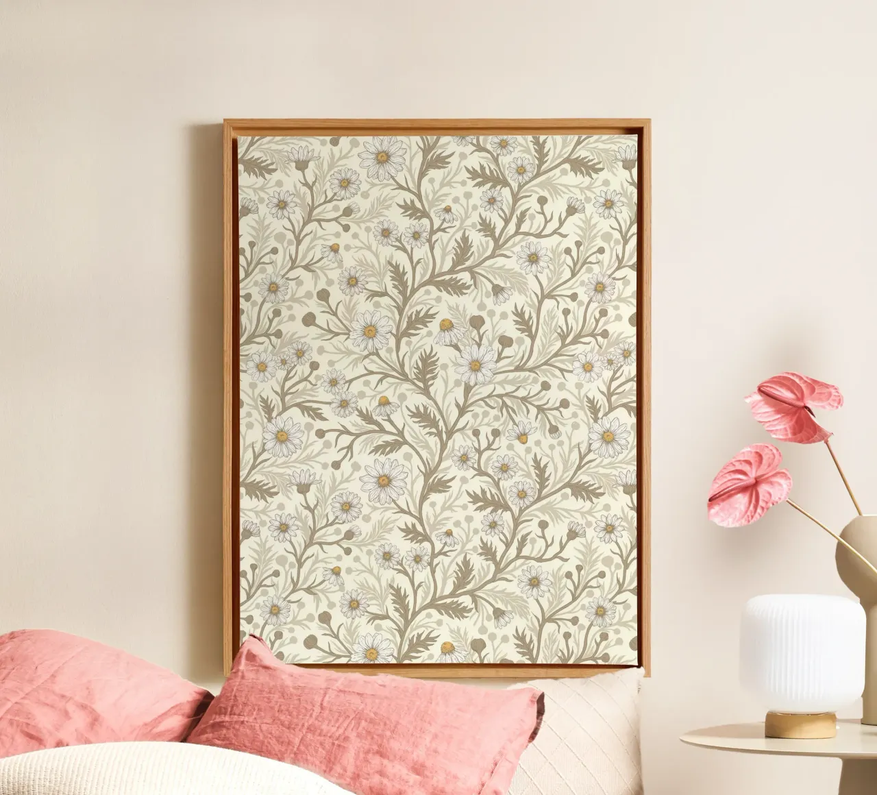 Madeliefjes in wit en bruin op gebroken wit canvas met Baklijst van Painted Nature