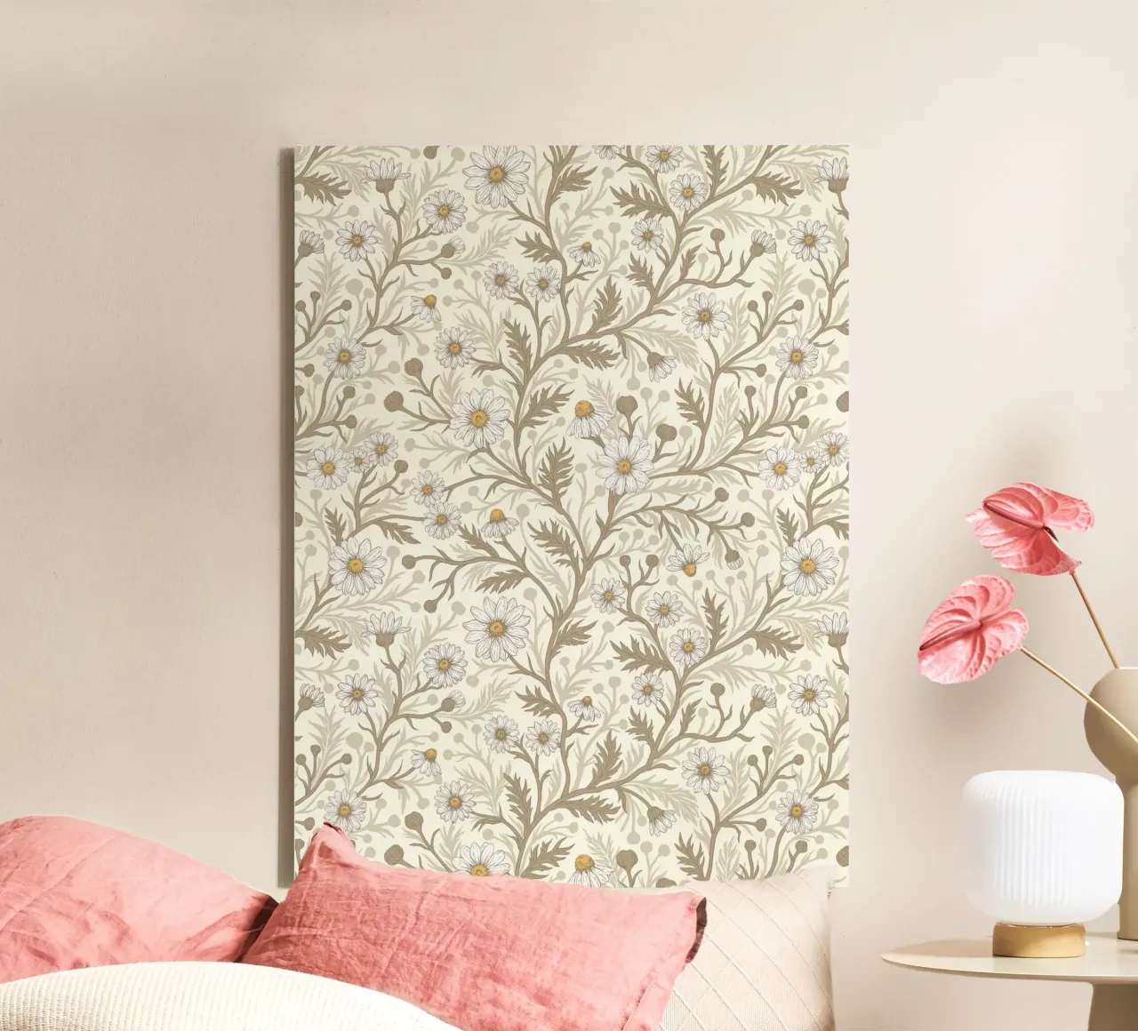 Madeliefjes in wit en bruin op gebroken wit canvas met Baklijst van Painted Nature