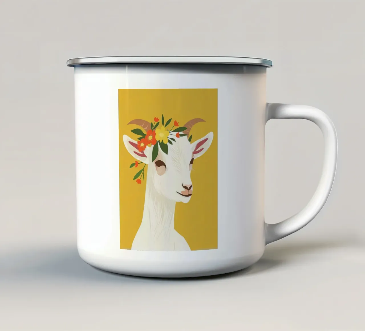 Chèvre ornée d'une couronne florale sur fond jaune mug en émail de DesignDoodle