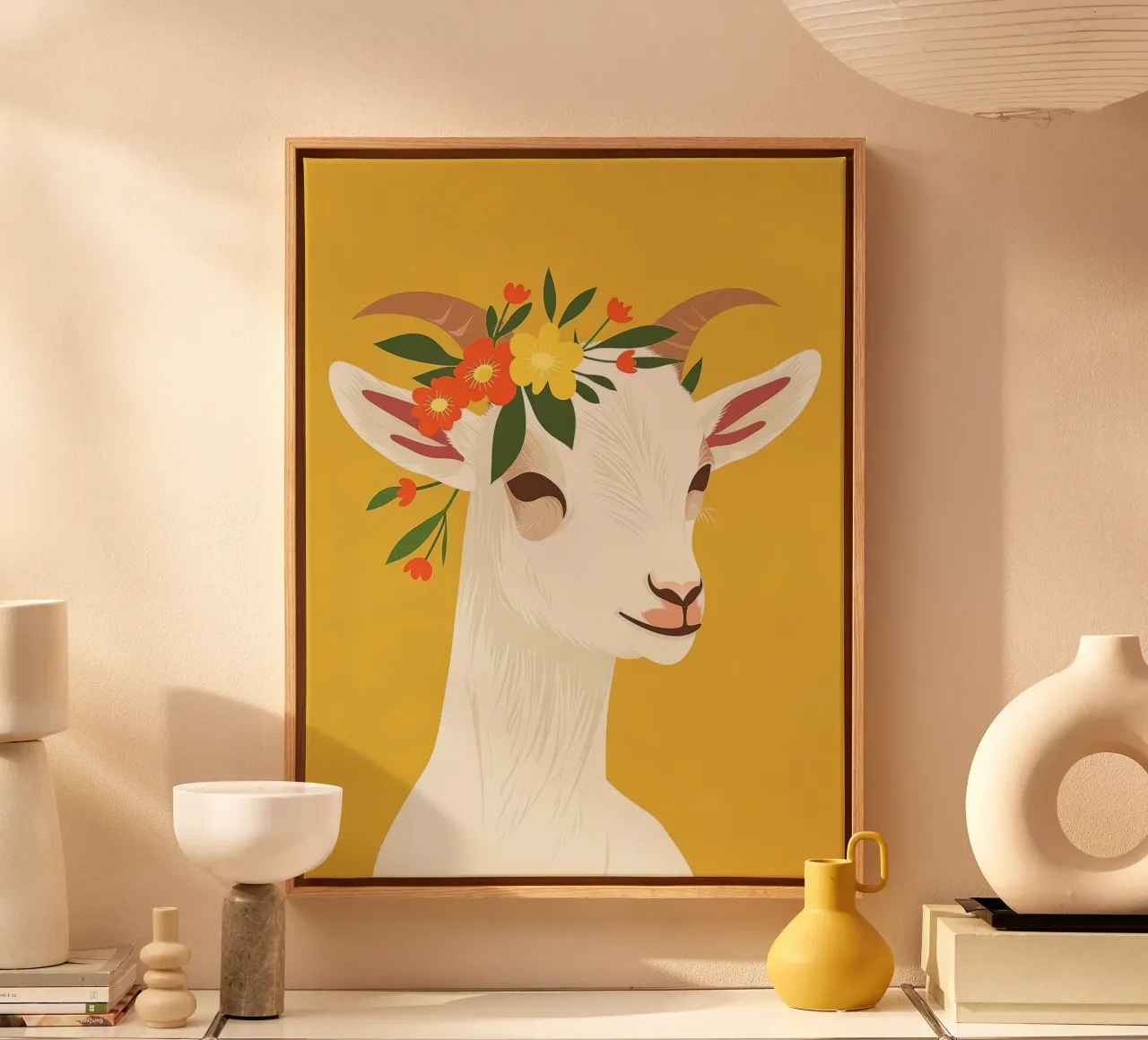 Goat adorned with a floral crown against a yellow background canvas with Floater frame by DesignDoodle