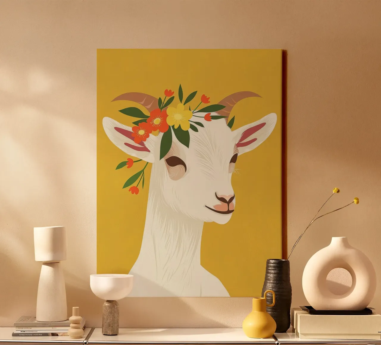 Goat adorned with a floral crown against a yellow background canvas with Floater frame by DesignDoodle