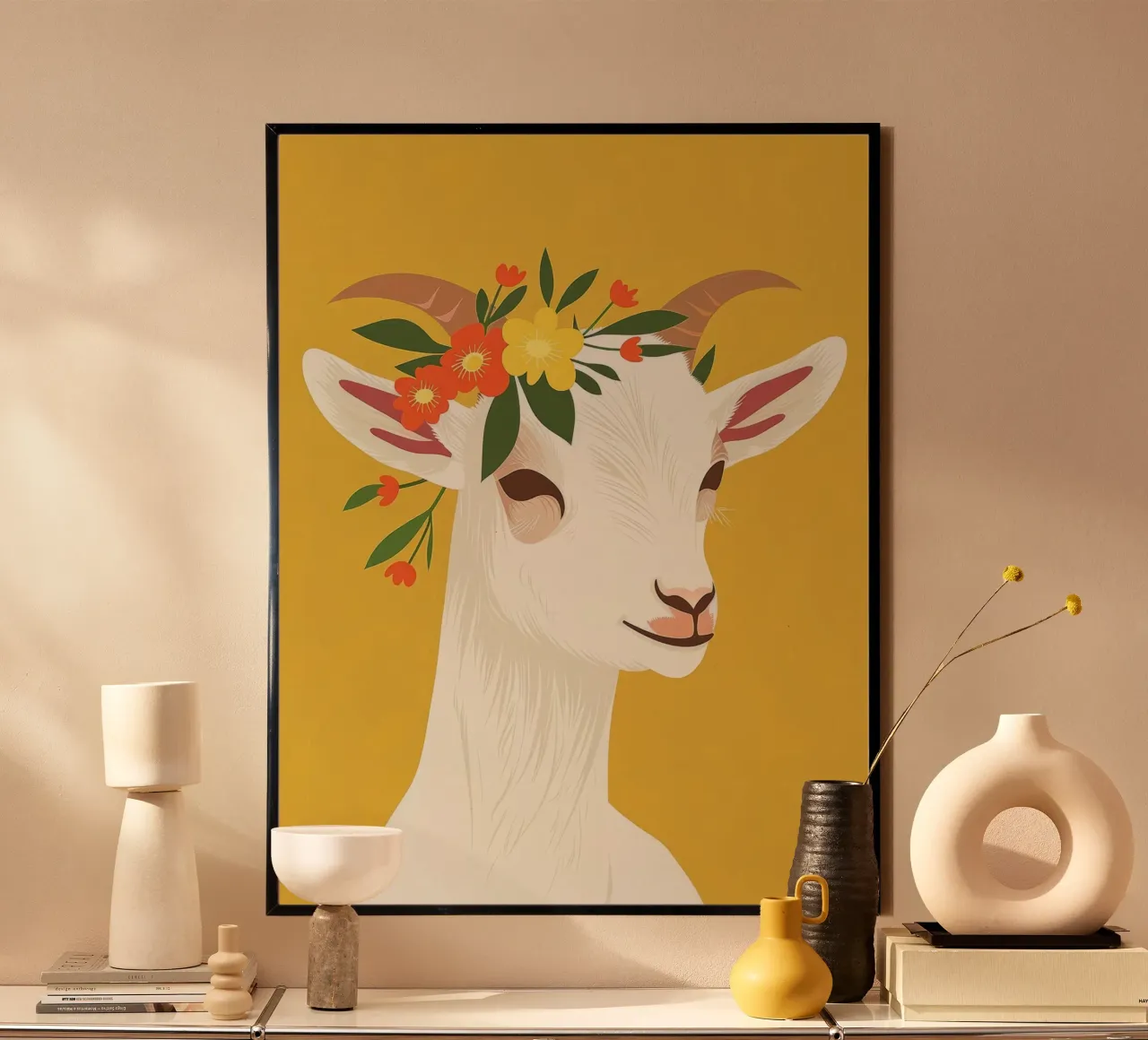 Chèvre ornée d'une couronne florale sur fond jaune poster avec cadre en bois de DesignDoodle
