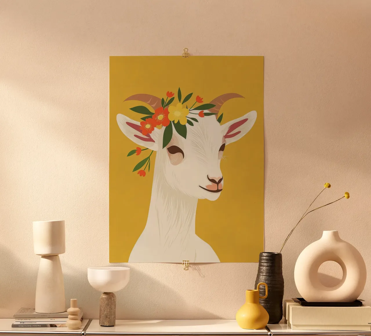 Chèvre ornée d'une couronne florale sur fond jaune poster avec cadre en bois de DesignDoodle