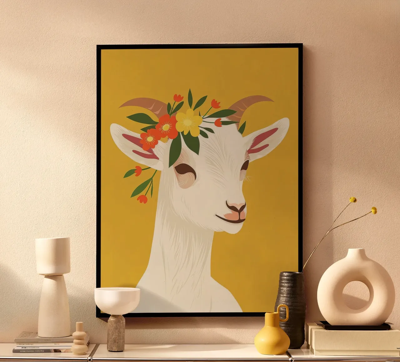 Chèvre ornée d'une couronne florale sur fond jaune poster avec cadre en bois de DesignDoodle