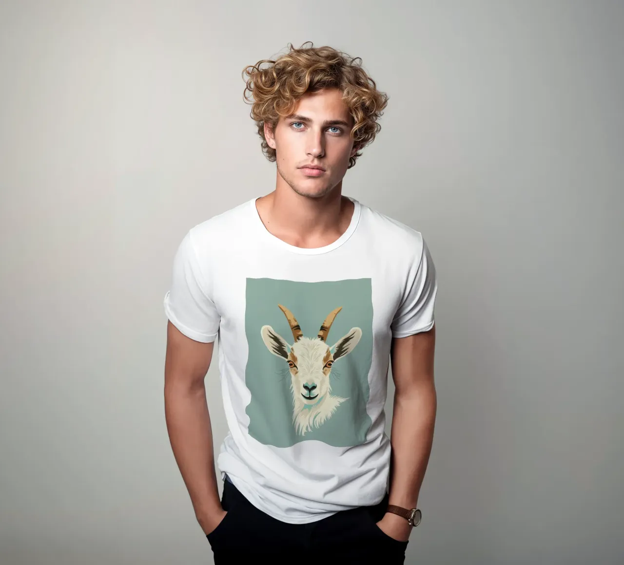 Testa di capra con caratteristiche distinte, sfondo muto t-shirt da DesignDoodle
