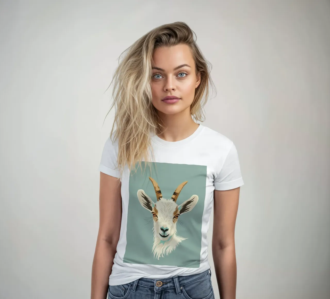 goat's head showcasing distinct features, muted background women's fitted t-shirt by DesignDoodle