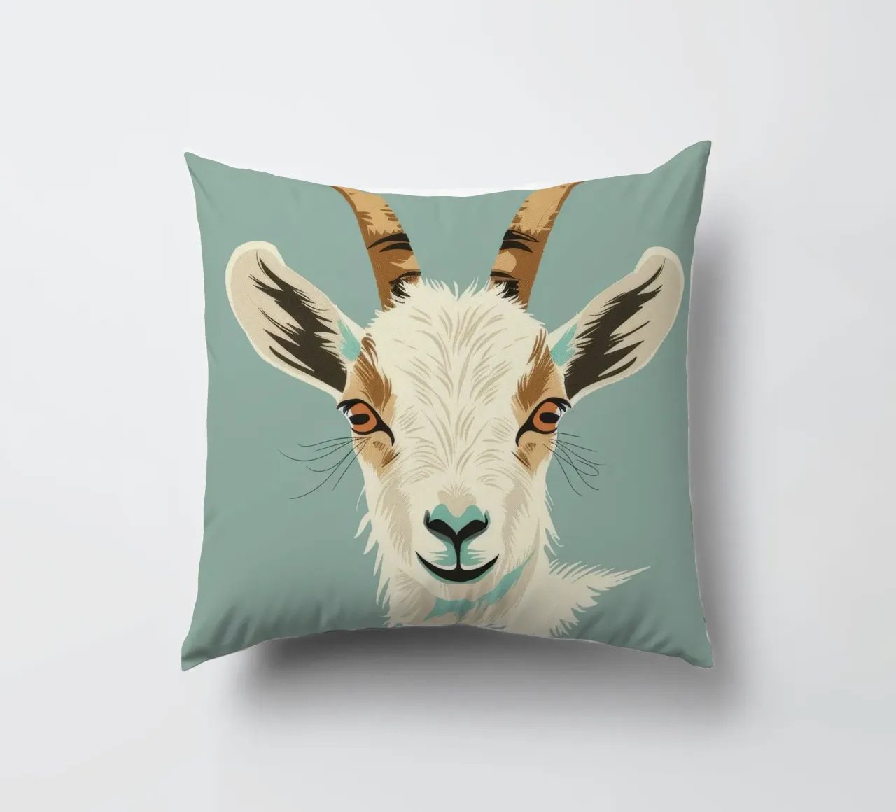 goat's head showcasing distinct features, muted background decorative cushion by DesignDoodle