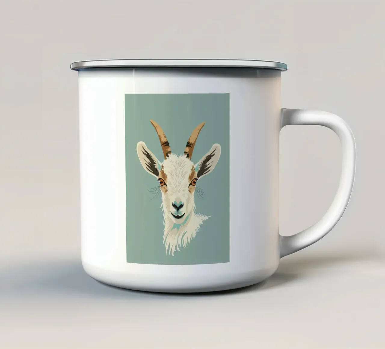 Testa di capra con caratteristiche distinte, sfondo muto tazza in smalto da DesignDoodle