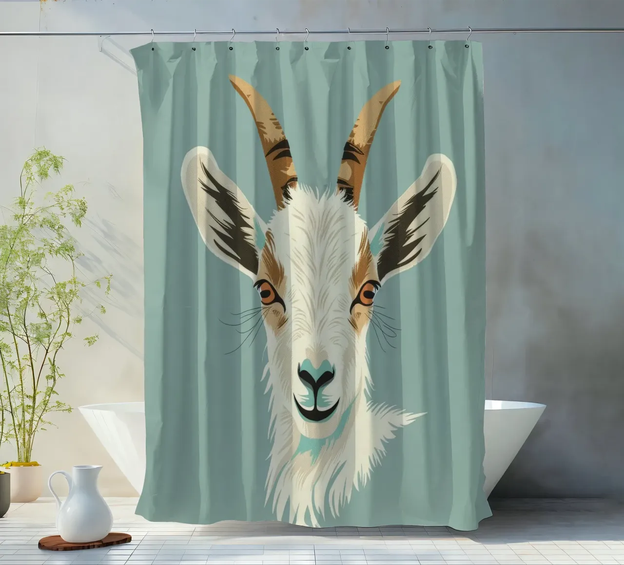 goat's head showcasing distinct features, muted background shower curtain by DesignDoodle