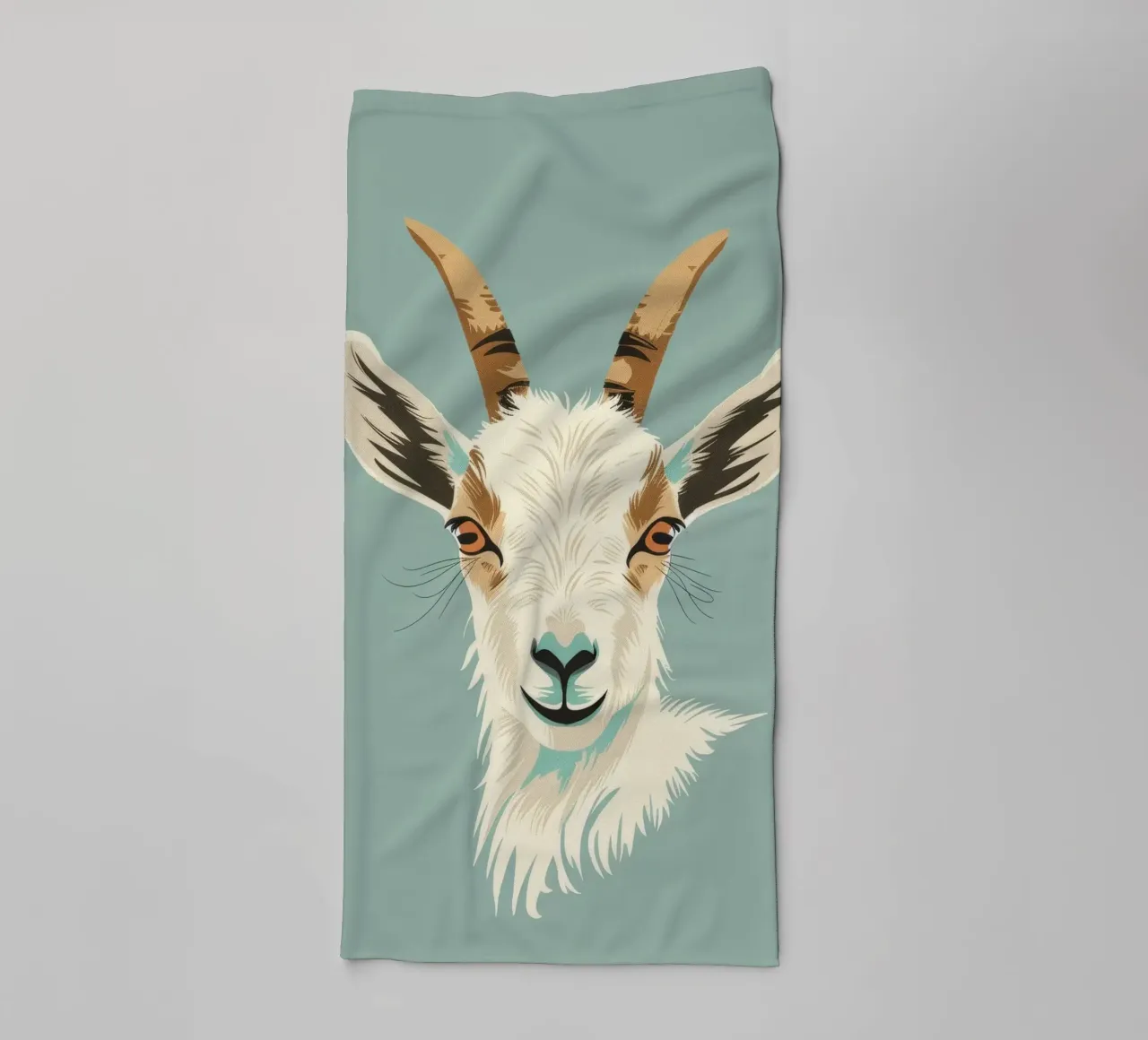 goat's head showcasing distinct features, muted background towel by DesignDoodle