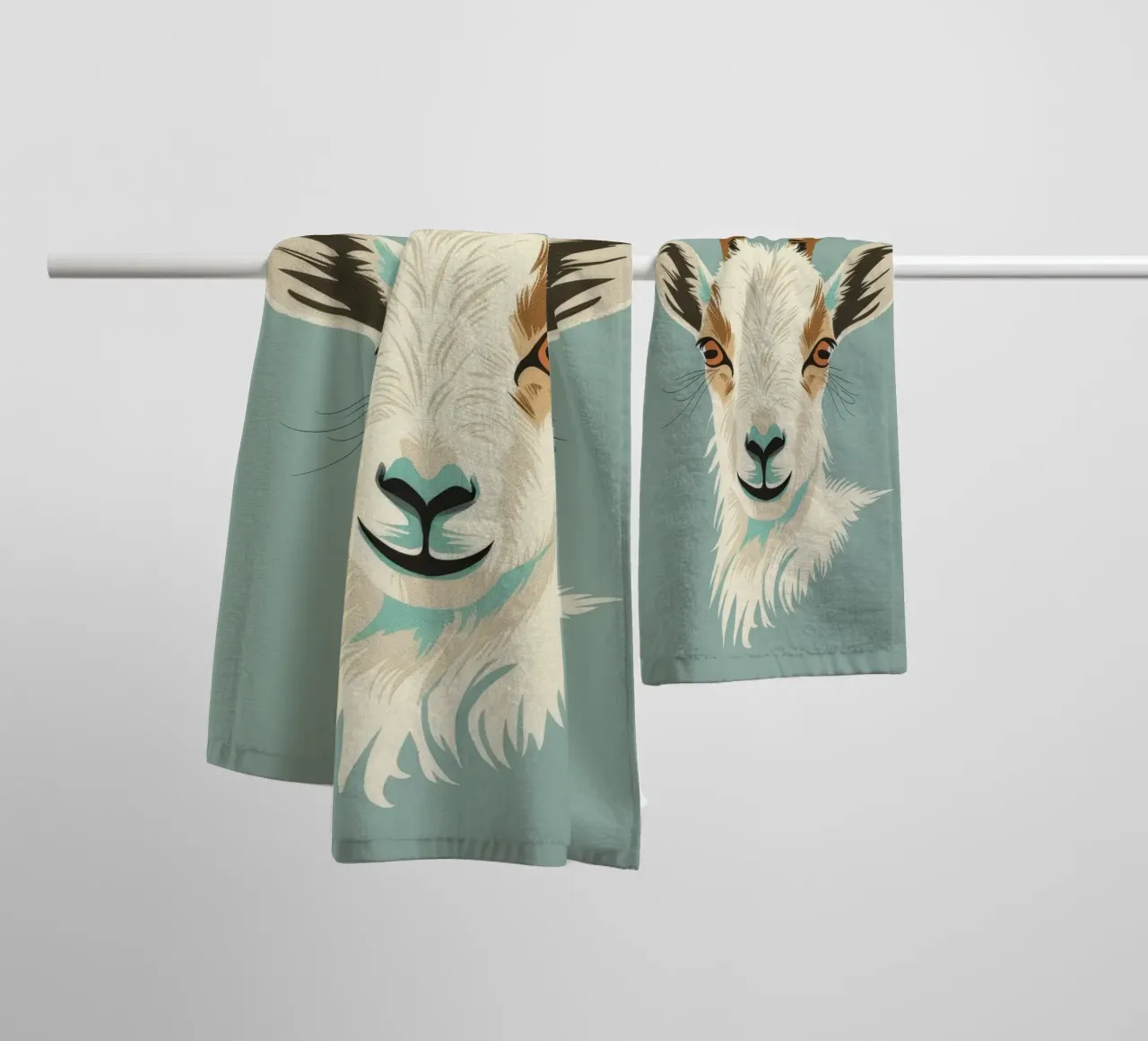 goat's head showcasing distinct features, muted background towel by DesignDoodle