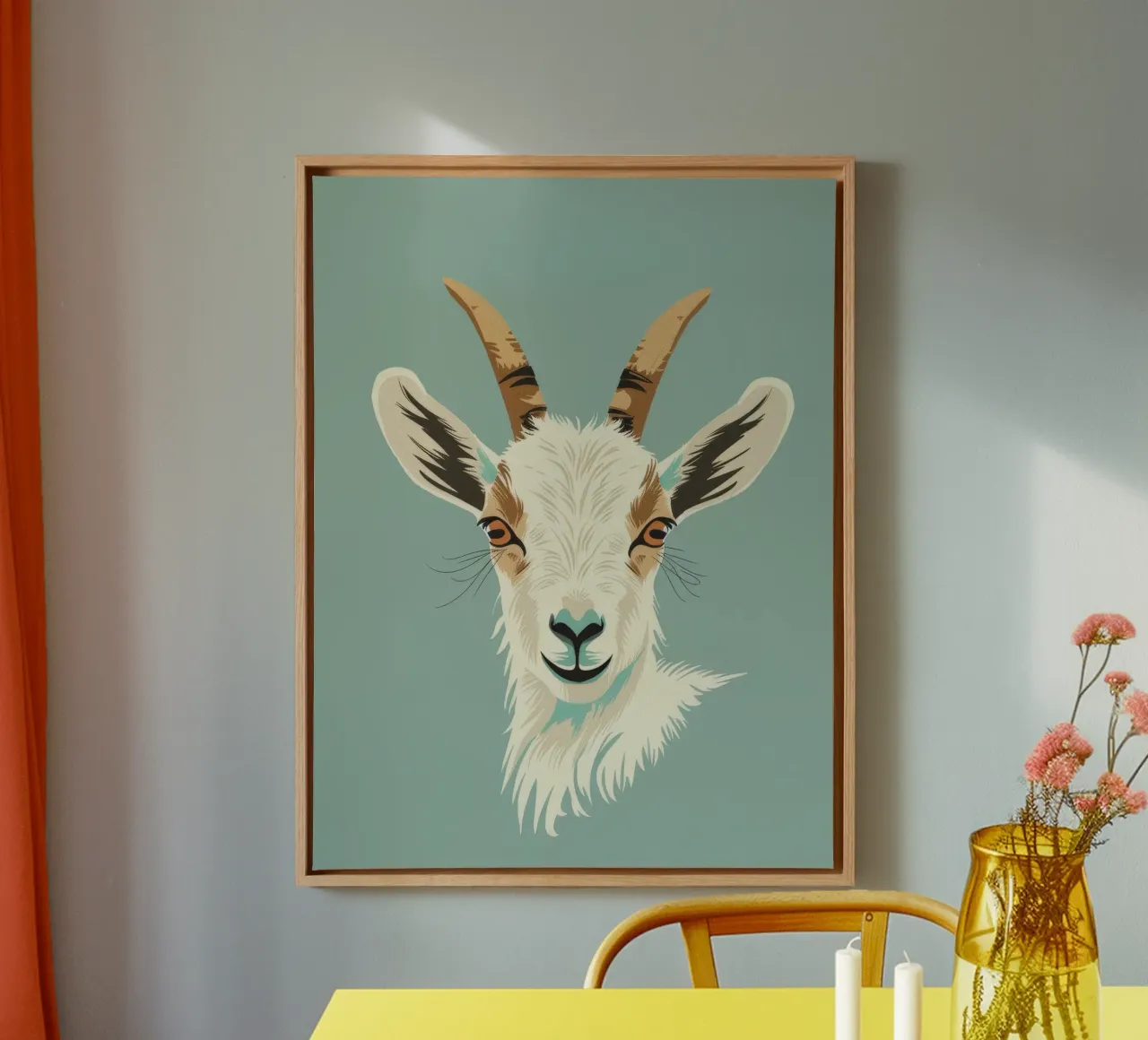 goat's head showcasing distinct features, muted background canvas by DesignDoodle