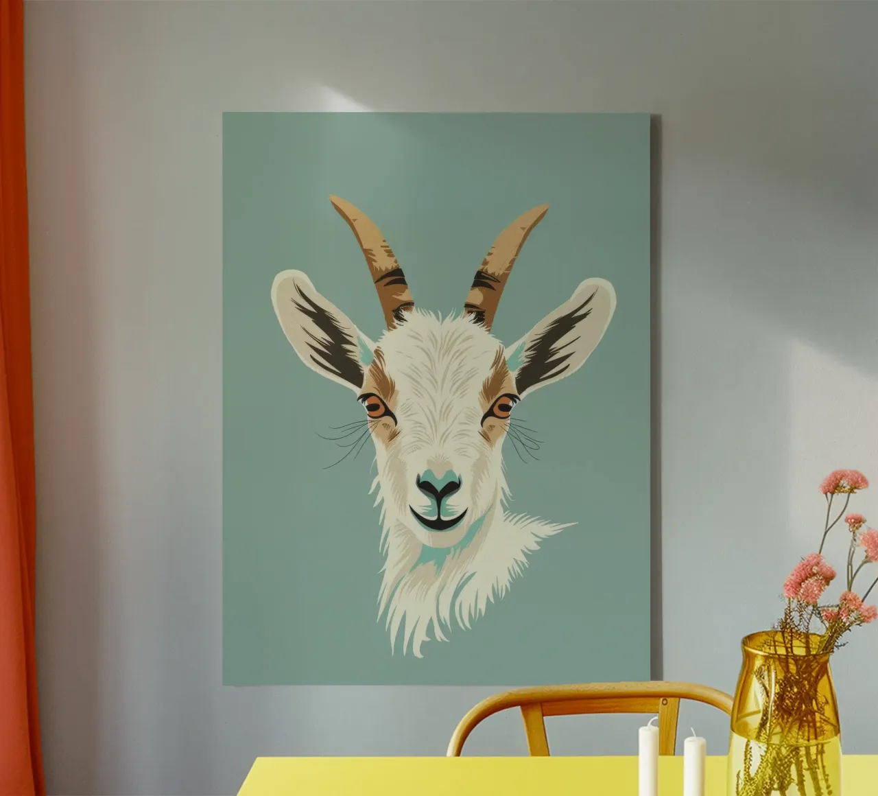 goat's head showcasing distinct features, muted background canvas by DesignDoodle