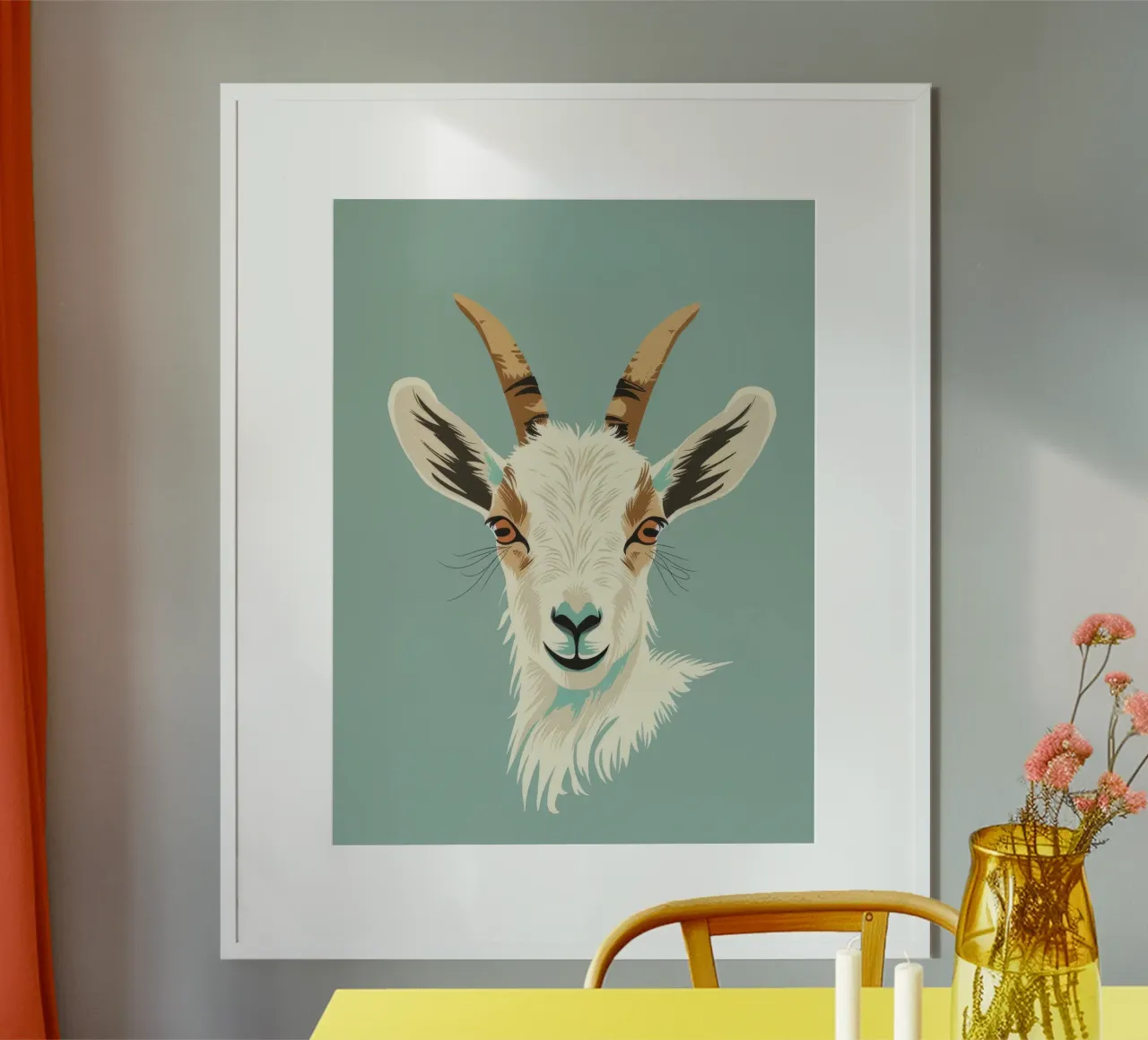 goat's head showcasing distinct features, muted background hahnemühle by DesignDoodle