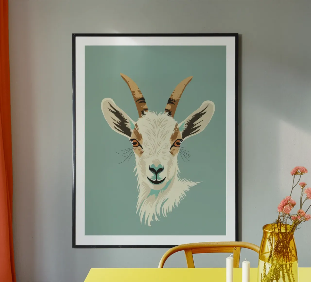 goat's head showcasing distinct features, muted background hahnemühle by DesignDoodle
