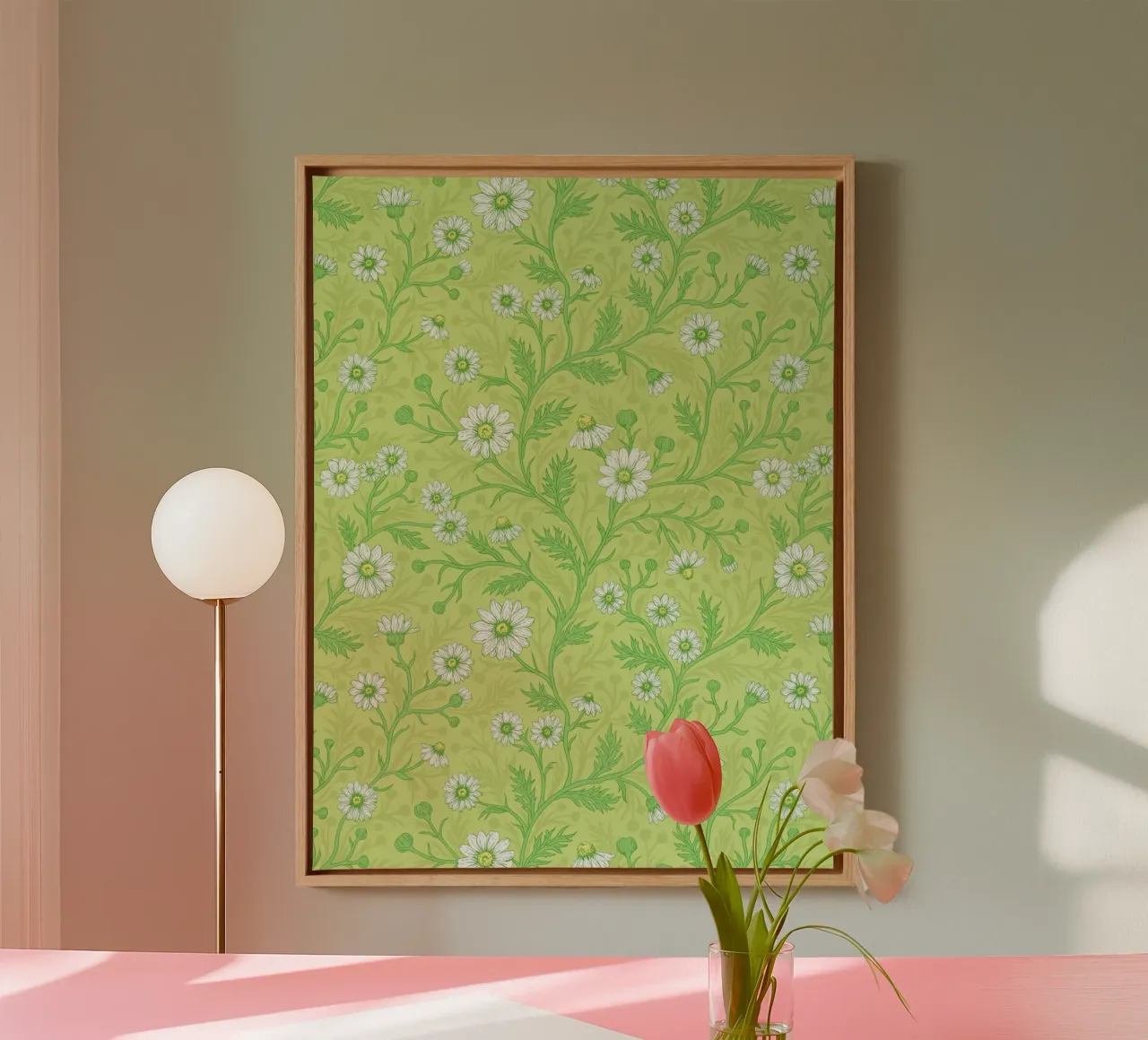 Daisies in white and green on honey dew green canvas with Floater frame by Painted Nature