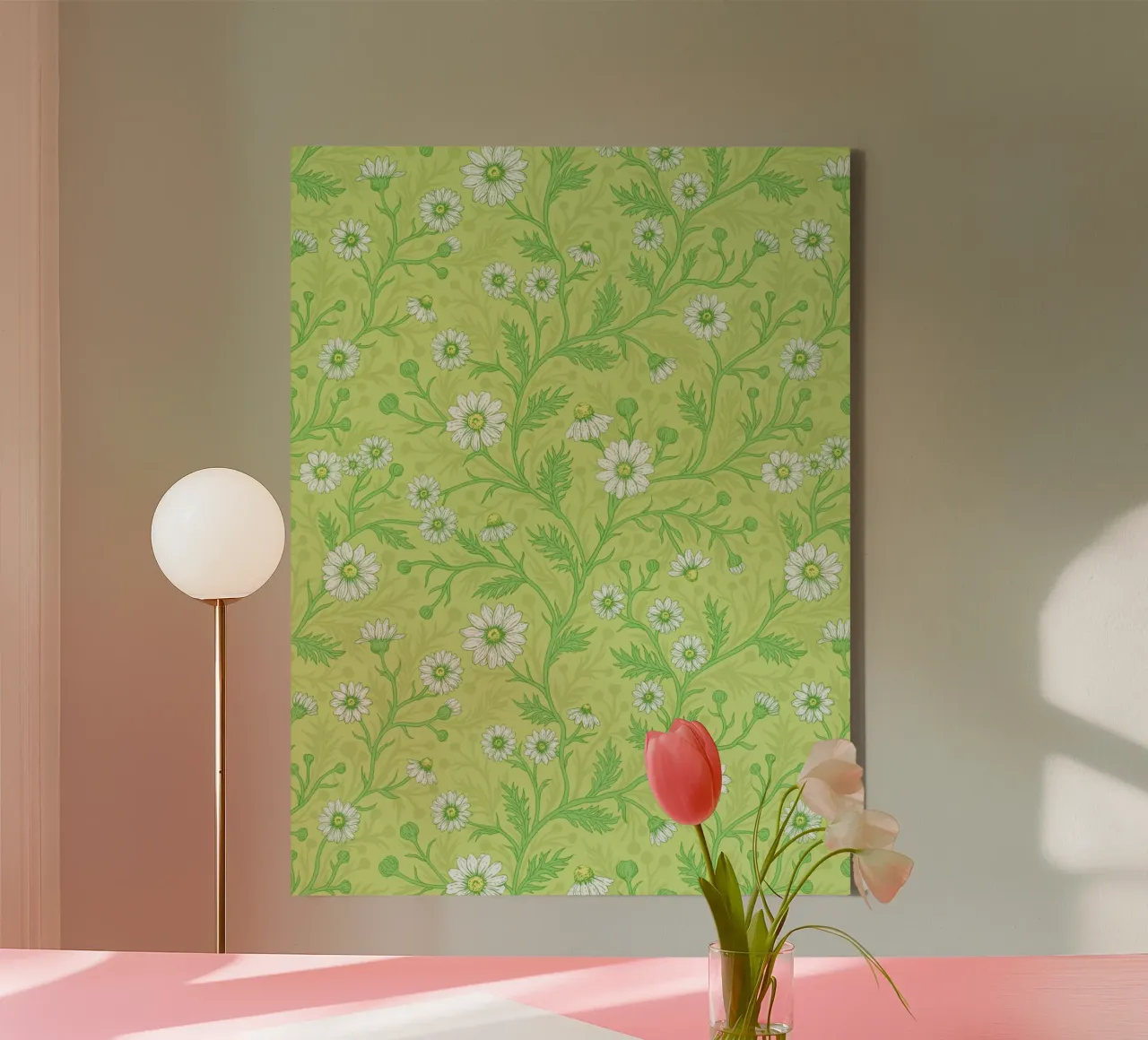 Daisies in white and green on honey dew green canvas with Floater frame by Painted Nature
